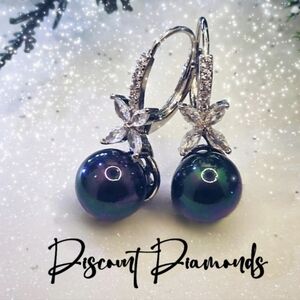 South Sea Shell 10mm Black Pearl White Baguette Diamond Leverback Earrings 925